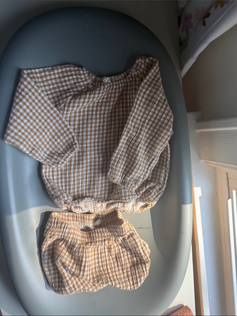 Quincy Mae Beige and White Gingham Kids Matching Set